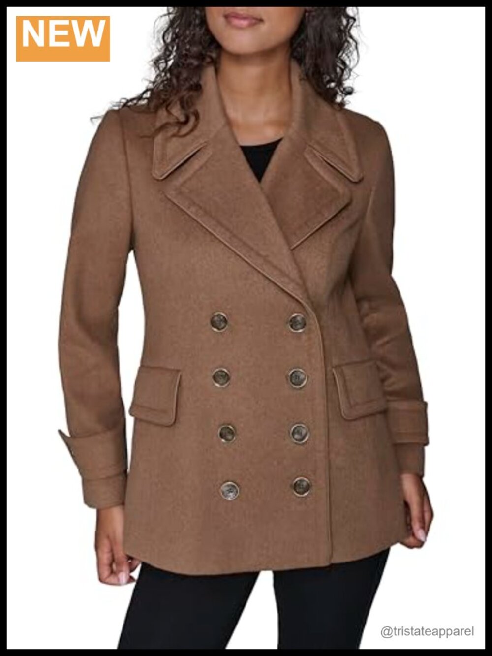 Womens Wool Peacoat with Faux Leather Piping Long Sleeve Button Front